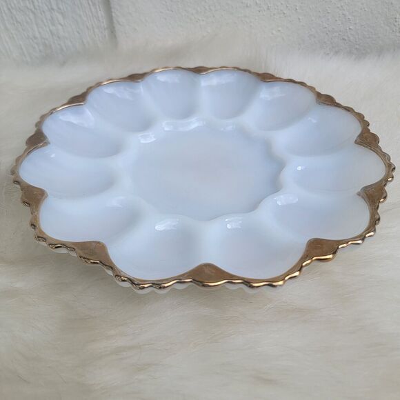 Milk glass vintage devil egg platter wht/gold 12egg serving dish scallop trim - Picture 1 of 2